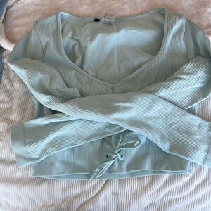 Ribbed V-Neck Crop Top - Light Blue